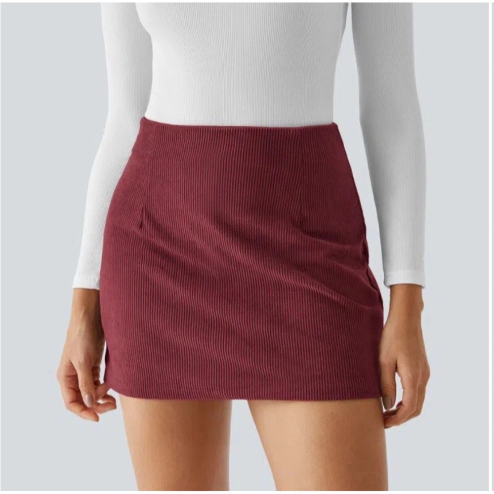 Halara Pomegranate AuraCord 2-in-1 Corduroy Back Zip Skort Skirt L NWT
